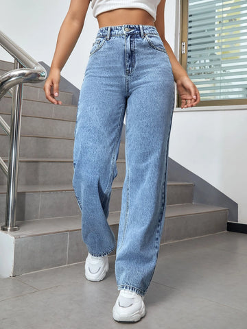 High Waist Floral Print Straight Leg Jeans