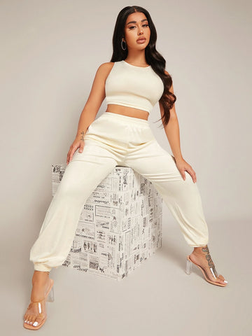 SXY Solid Velvet Crop Tank Top & Joggers Set