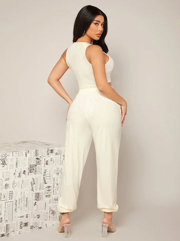 SXY Solid Velvet Crop Tank Top & Joggers Set