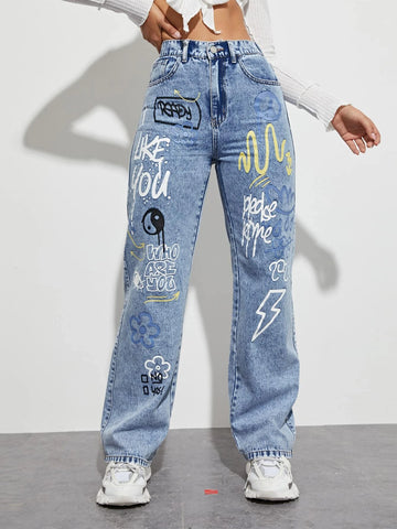 Slogan and Yin & Yang Print Jeans