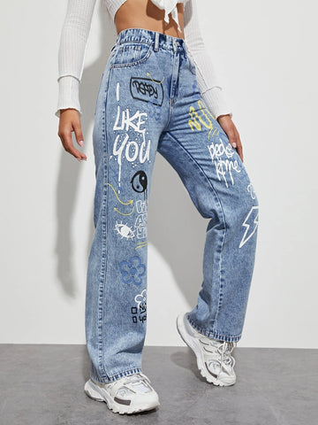 Slogan and Yin & Yang Print Jeans