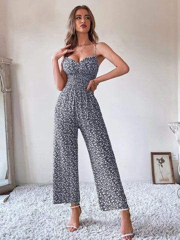 Ditsy Floral Tie Front Shirred Waist Cami Jumpsuit