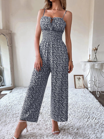 Ditsy Floral Tie Front Shirred Waist Cami Jumpsuit
