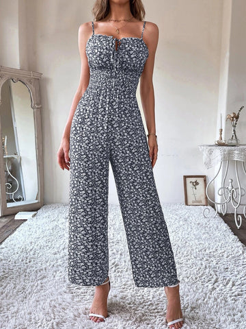 Ditsy Floral Tie Front Shirred Waist Cami Jumpsuit