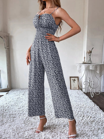Ditsy Floral Tie Front Shirred Waist Cami Jumpsuit
