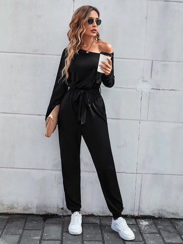 Solid Asymmetrical Neck Belted Jumpsuit