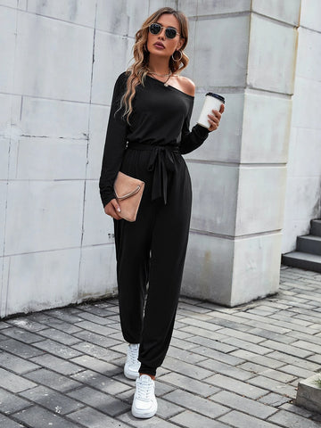 Solid Asymmetrical Neck Belted Jumpsuit