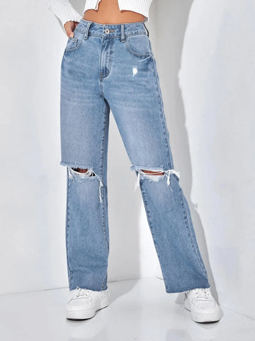 PETITE Ripped Straight Leg Jeans