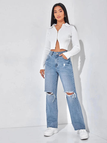 PETITE Ripped Straight Leg Jeans