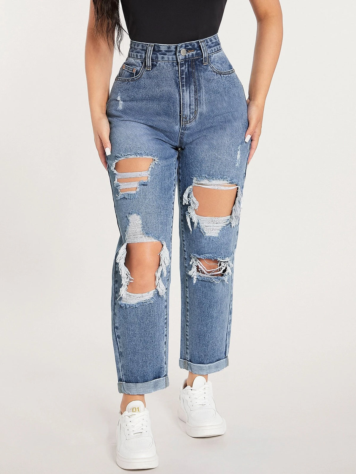 PETITE Ripped Cut Out Straight Leg Jeans