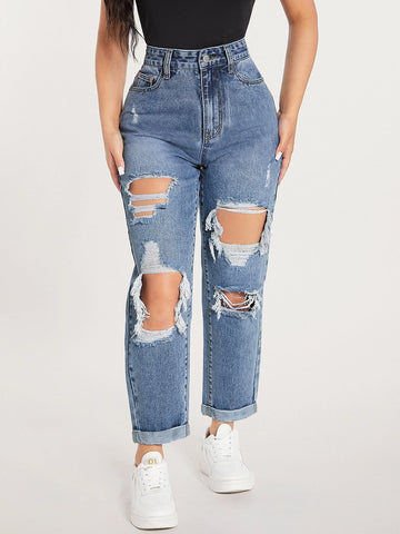 PETITE Ripped Cut Out Straight Leg Jeans