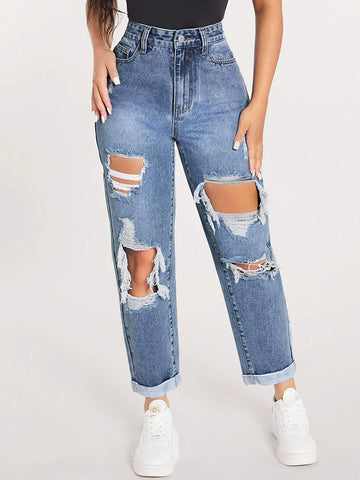 PETITE Ripped Cut Out Straight Leg Jeans