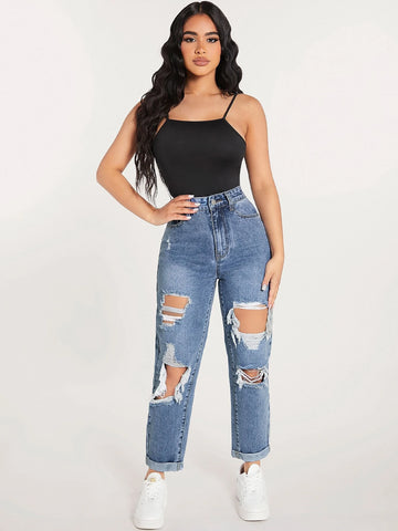 PETITE Ripped Cut Out Straight Leg Jeans