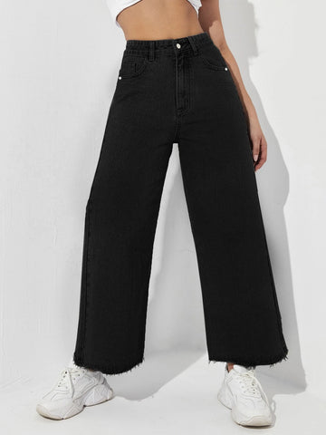Zipper Fly Raw Hem Wide Leg Jeans