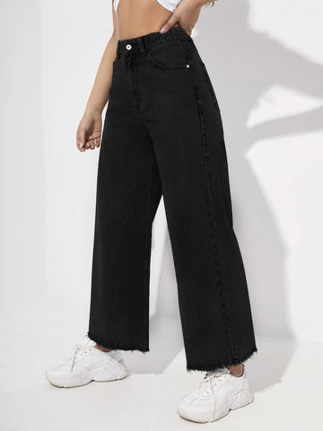 Zipper Fly Raw Hem Wide Leg Jeans