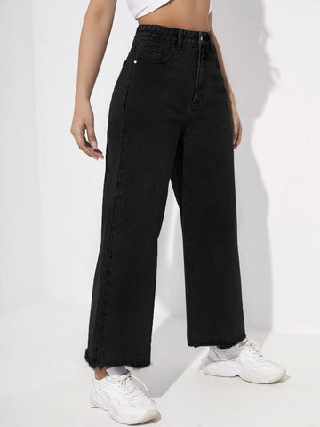 Zipper Fly Raw Hem Wide Leg Jeans