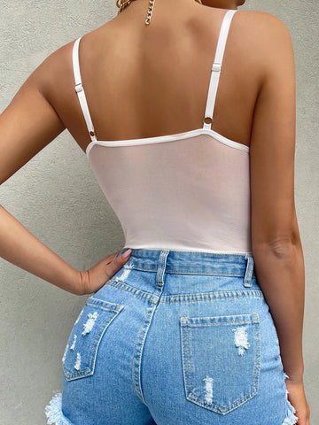 Contrast Mesh Bustier Eyelash Lace Cami Bodysuit
