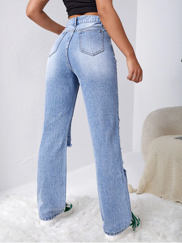 Cut Out Ripped Straight Leg Jeans