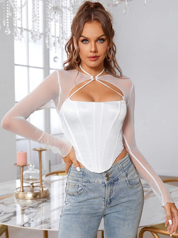 PARTHEA Cutout Mesh Spliced Satin Boning Corset Top
