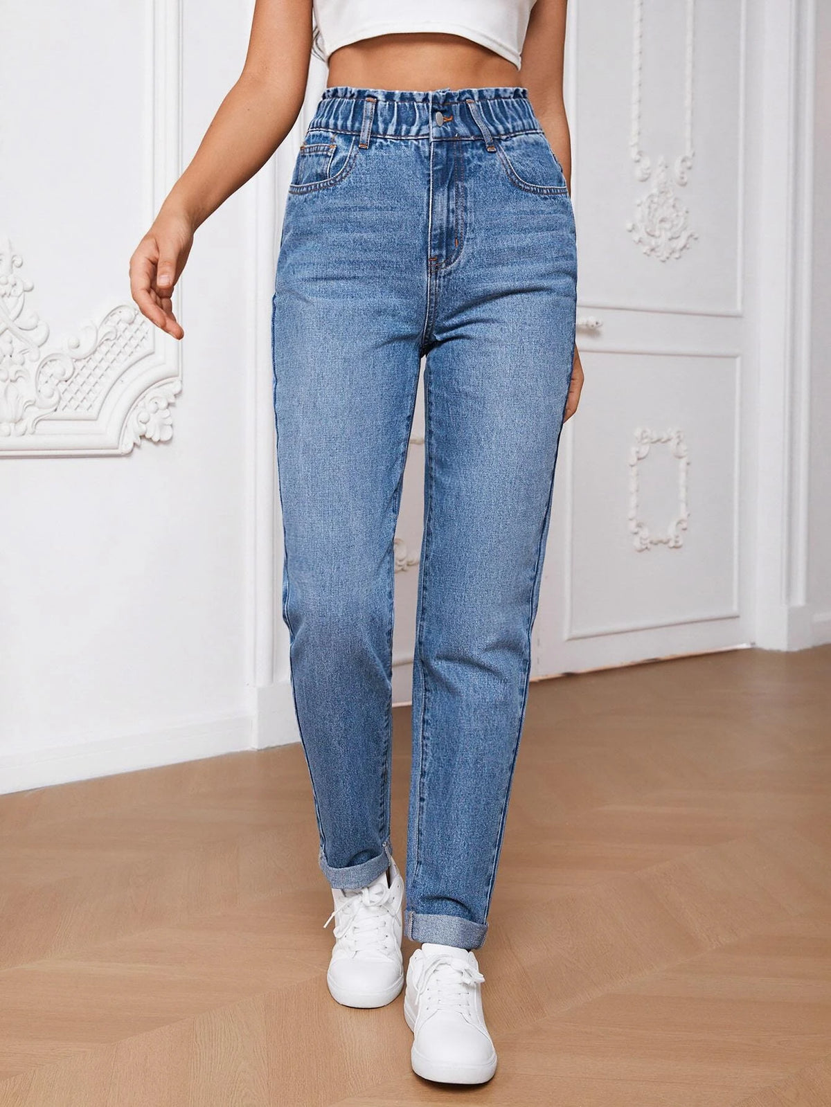 Tall Paperbag Waist Roll Hem Mom Fit Jeans