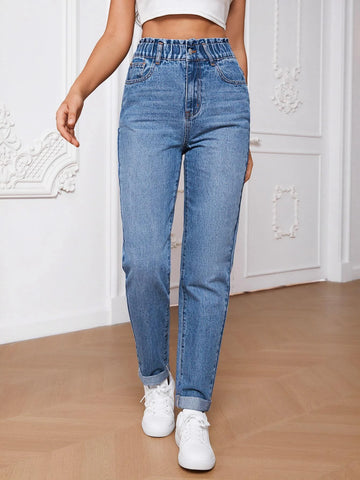 Tall Paperbag Waist Roll Hem Mom Fit Jeans