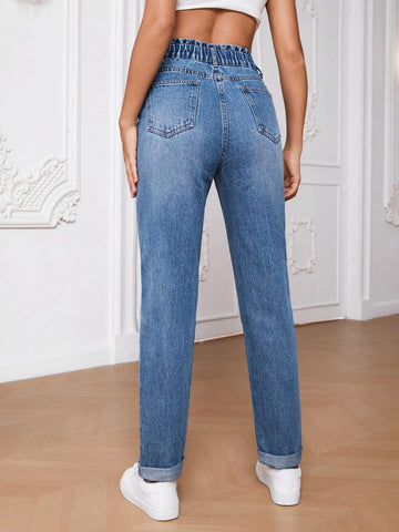 Tall Paperbag Waist Roll Hem Mom Fit Jeans