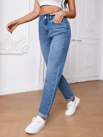 Tall Paperbag Waist Roll Hem Mom Fit Jeans