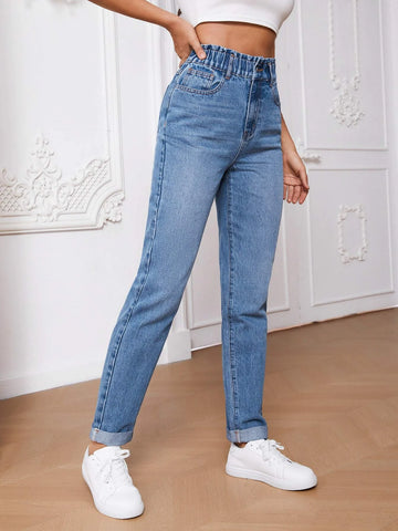 Tall Paperbag Waist Roll Hem Mom Fit Jeans