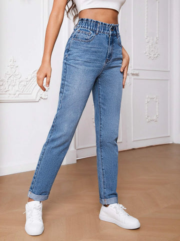 Tall Paperbag Waist Roll Hem Mom Fit Jeans