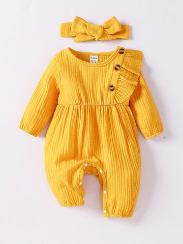Newborn Baby Ruffle Trim Textured Jumpsuit With Accessory Headband