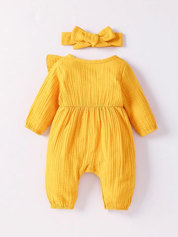 Newborn Baby Ruffle Trim Textured Jumpsuit With Accessory Headband