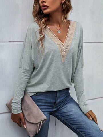 Guipure Lace Panel Batwing Sleeve Tee