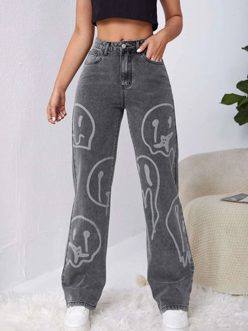 High Waist Cartoon Graphic Wide Leg Jeans