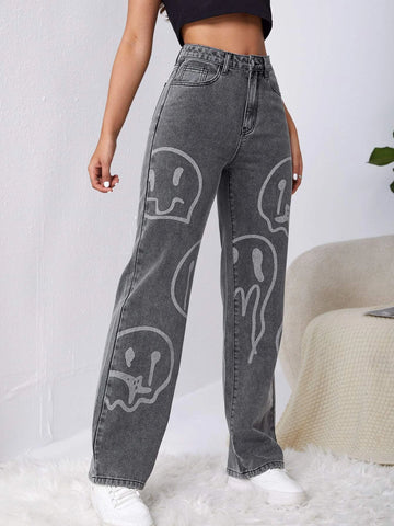 High Waist Cartoon Graphic Wide Leg Jeans