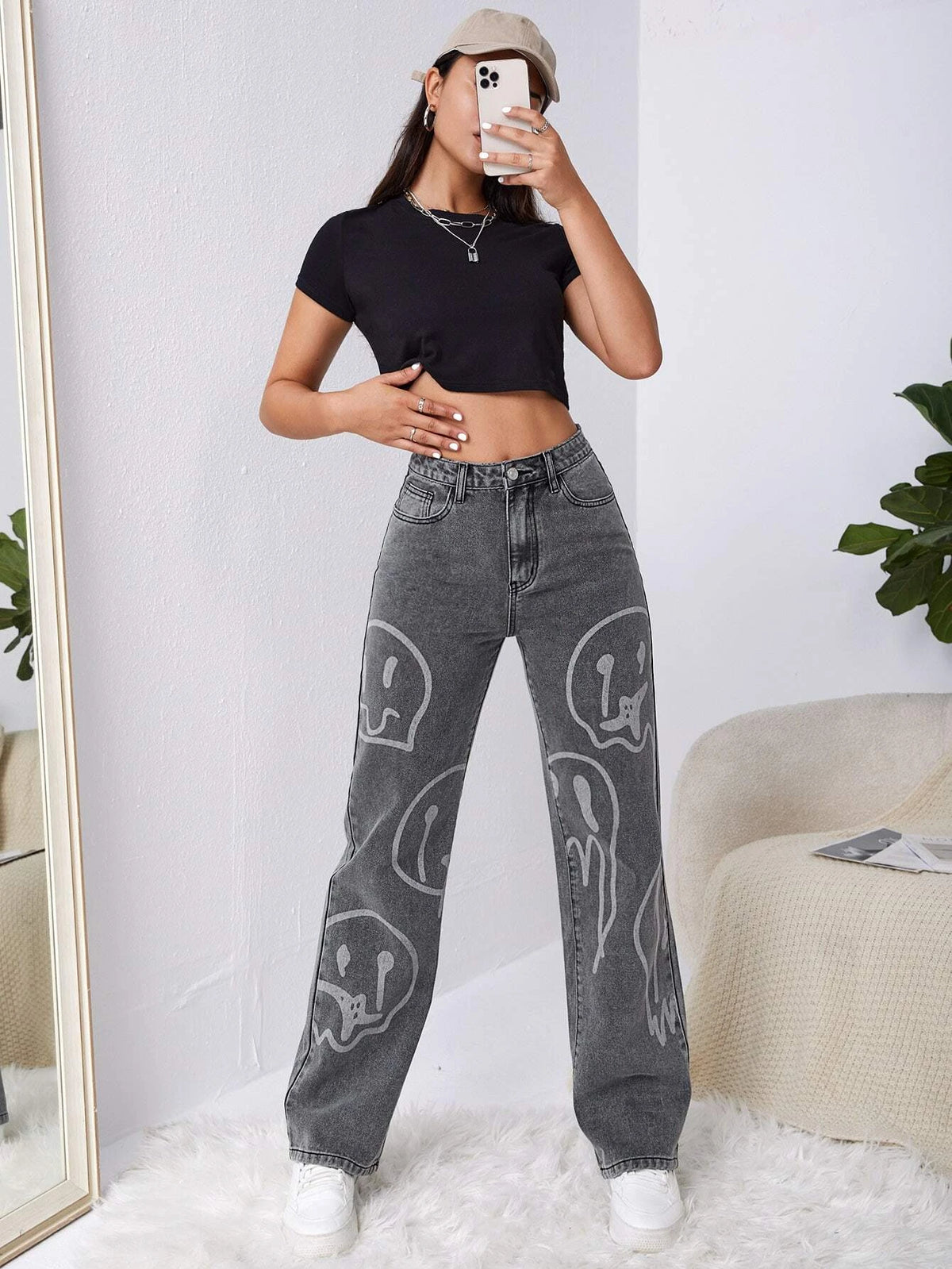 High Waist Cartoon Graphic Wide Leg Jeans