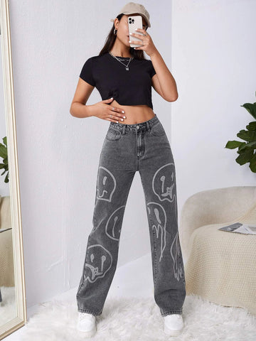 High Waist Cartoon Graphic Wide Leg Jeans