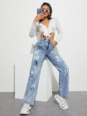 Slogan and Yin & Yang Print Jeans