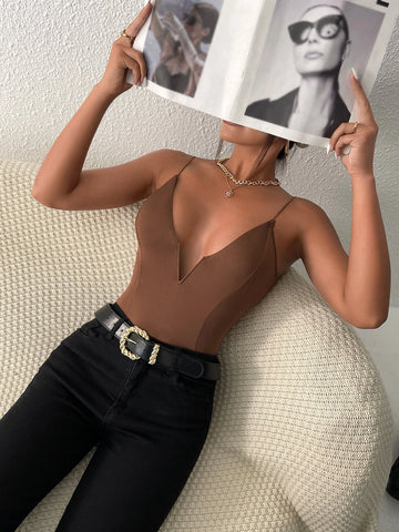Solid Plunging Neck Cami Bodysuit
