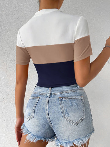 Color Block Mock Neck Rib Knit Tee