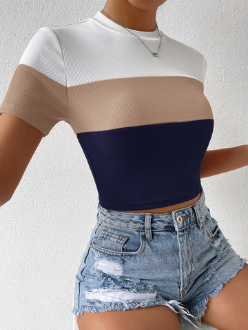 Color Block Mock Neck Rib Knit Tee