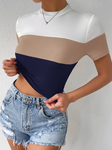Color Block Mock Neck Rib Knit Tee