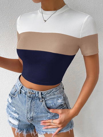 Color Block Mock Neck Rib Knit Tee