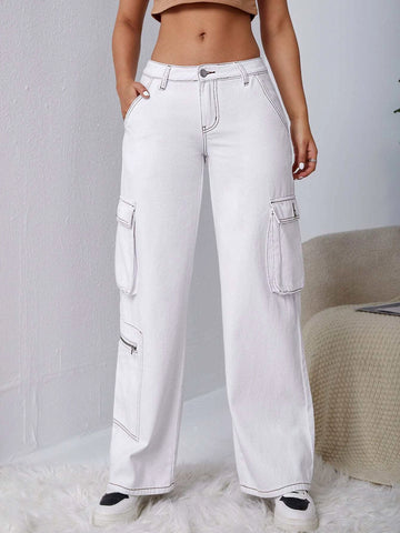 Flap Pocket Side Top-stitching Cargo Jeans