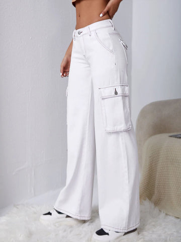 Flap Pocket Side Top-stitching Cargo Jeans