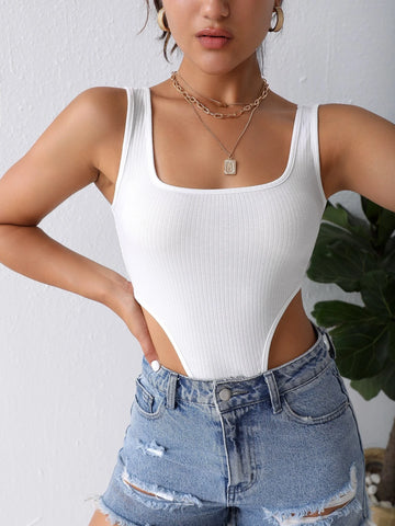 Solid Ribbed Knit High Cut Tank Bodysuit