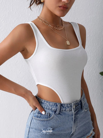 Solid Ribbed Knit High Cut Tank Bodysuit