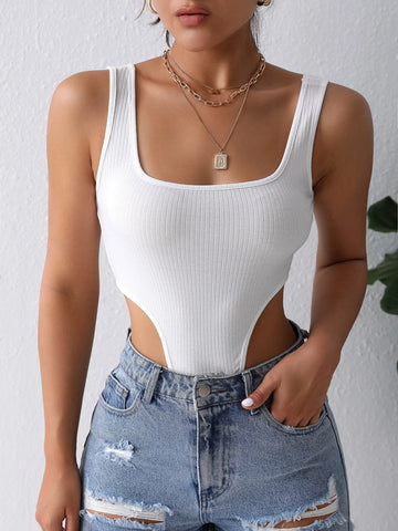 Solid Ribbed Knit High Cut Tank Bodysuit