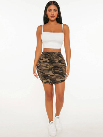 PETITE Camo Print Knot Front Bodycon Skirt