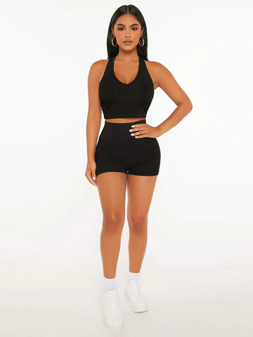 PETITE Ribbed Knit Backless Crop Tank Top