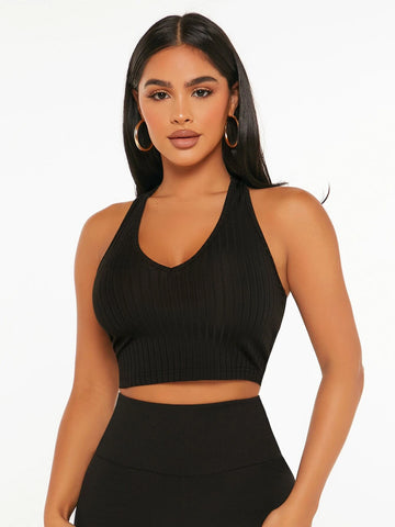 PETITE Ribbed Knit Backless Crop Tank Top